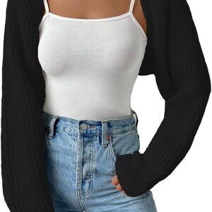 Women Ribbed Knit Crop Cardigan Open Front Drop Shoulder Long Sleeve Bolero
